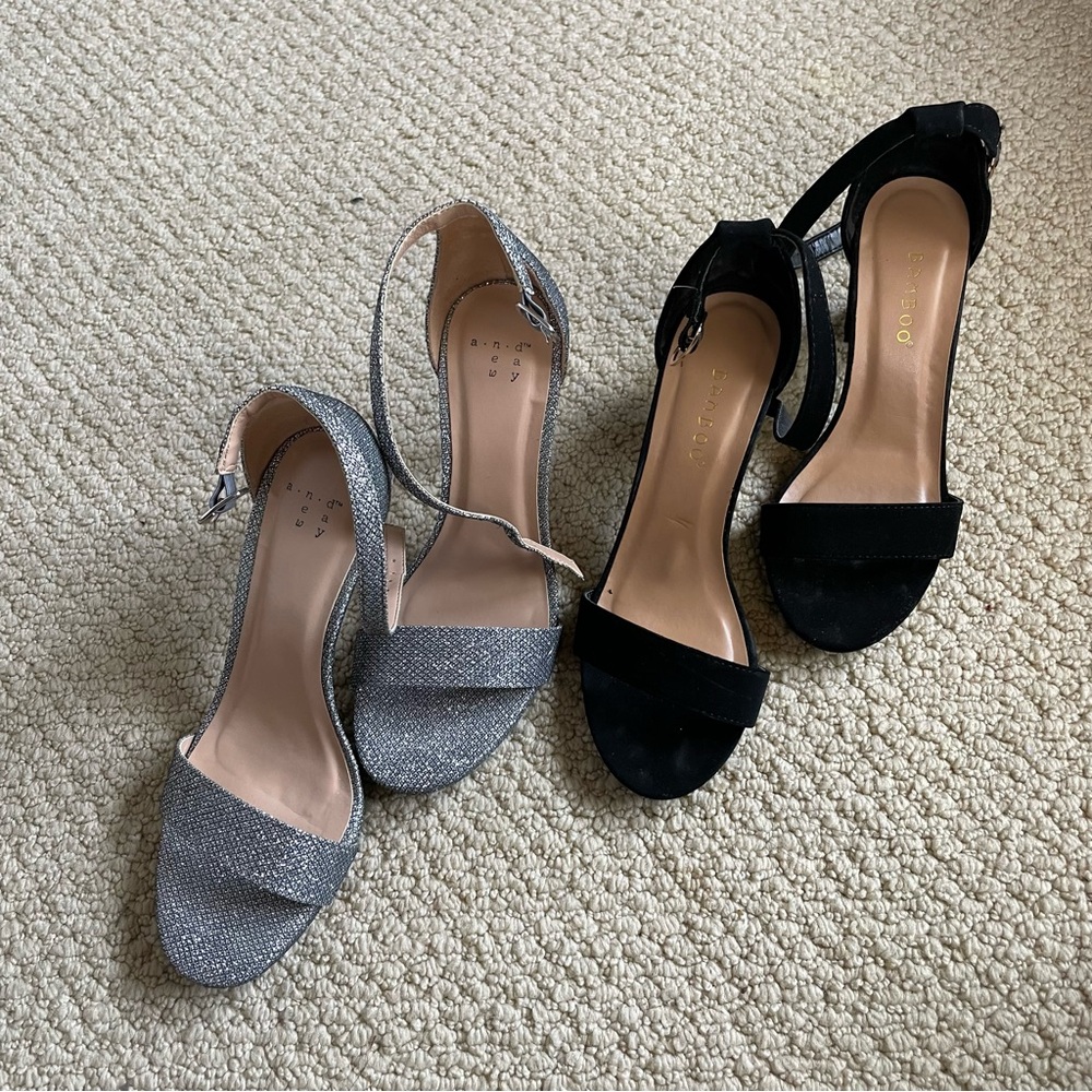 two (2) pairs of size 5.5 dress sandals in black velvet and gray silver sparkles